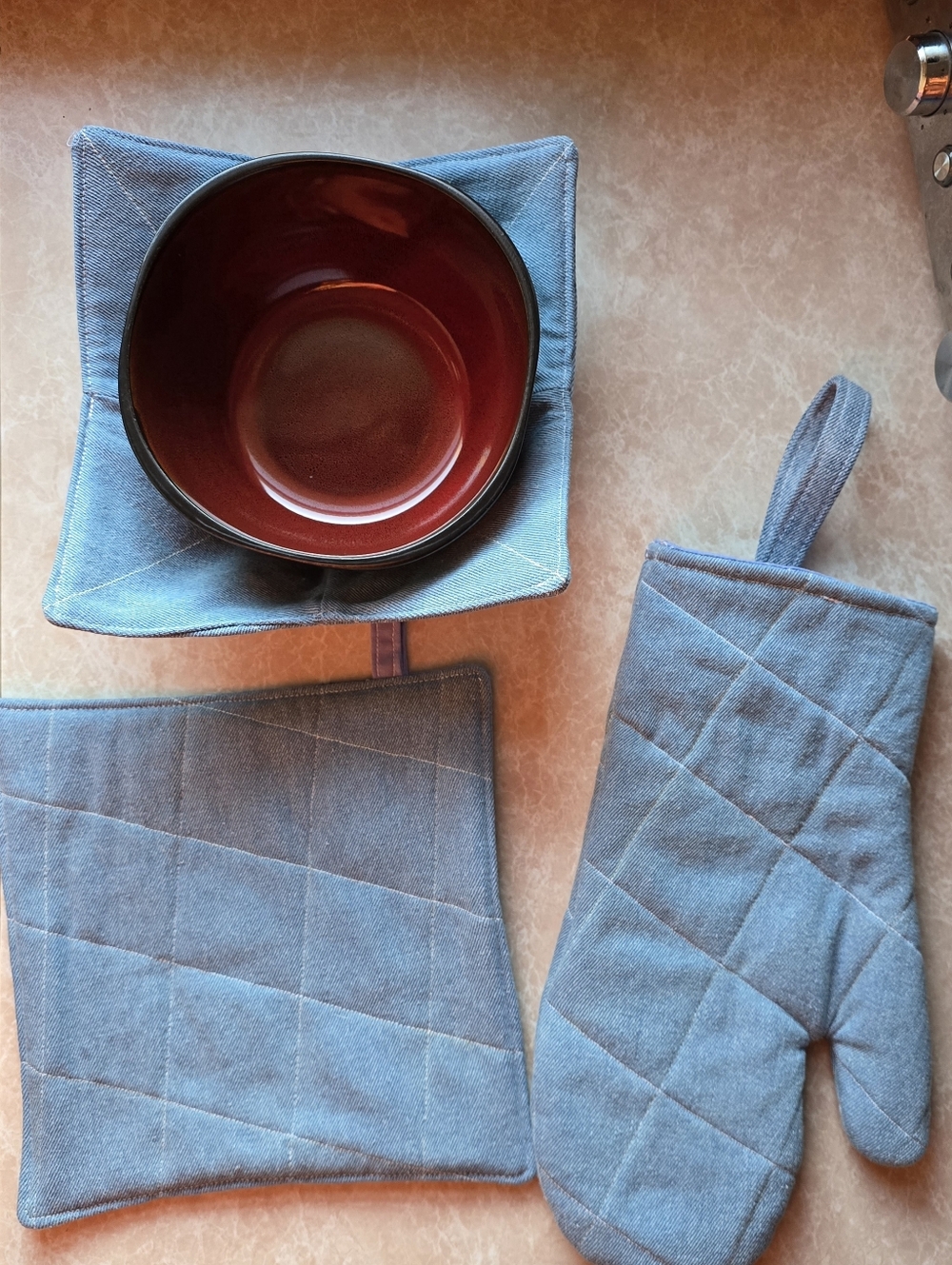 3-Piece denim Oven Mitt, Pot Holder, & Bowl Cozy set.